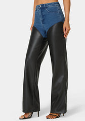 High Waist Vegan Leather Combo Wide Leg Jean