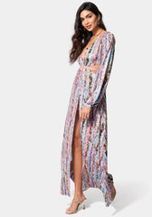 Printed Knit Deep V Maxi