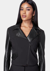 Cropped Vegan Leather Combo Tailored Moto Blazer