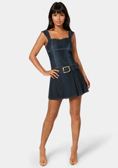 Pleated Skort Denim Dress