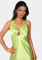 Swiss Dot Satin Twist Front Maxi Dress