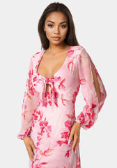 Printed Chiffon Tie Front Maxi Dress