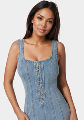 Fitted Lace Up Denim Dress