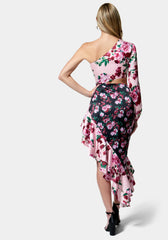 Printed One Shoulder Asymmetrical Ruffle Dress