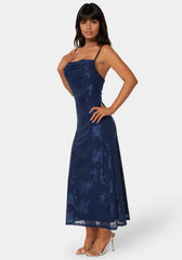 Jacquard Mesh Cowl A-Line Maxi Dress