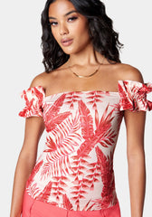 Off Shoulder Ruffle Printed Knit Top