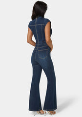 Embellished Neckline Flared Leg Denim Jumpsuit