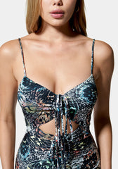 Printed Cutout Textured Slinky Knit Dress