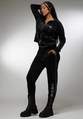 Rhinestone Detail Velour Jogger