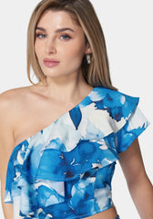 Satin One Shoulder Ruffle Neck Top