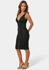 Faux Suede Zip Front Pencil Dress