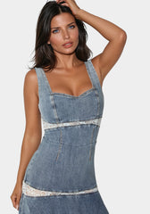 Lace Insert High Low Denim Dress