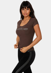 Bebe Logo Short Sleeve Round Neck Rib Top