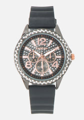 Black & Crystal Dial Silicone Strap Watch