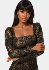 Puff Sleeve Fitted Foil Print Denim Dress