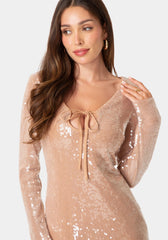 Sequin Long Sleeve Tie Front Dress