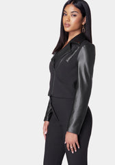 Cropped Vegan Leather Combo Tailored Moto Blazer