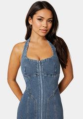 Halter Front Zipper Midi Denim Dress