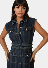Button Front Braided Waist Denim Dress