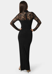 Mock Neck Lace Bodice Maxi Dress