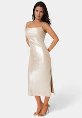 Foil Metallic Slinky Cowl Maxi Dress