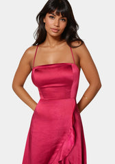 Satin Ruffle Lace Up Back Maxi Dress