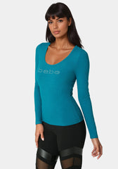 Bebe Logo Long Sleeve Scoop Neck Single Stone Rib Top