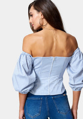 Poplin Bubble Sleeve Off Shoulder Draped Top