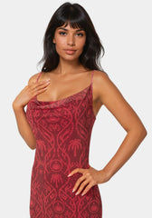Printed Mesh Cowl Gown