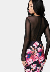 Printed Mesh Inset Midi Dress