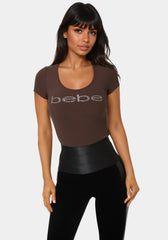 Bebe Logo Short Sleeve Round Neck Rib Top