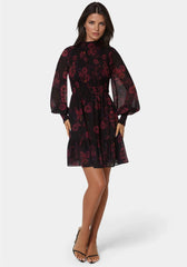 Long Sleeve Mock Neck Chifon Smocked Mini Dress