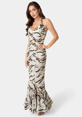 Printed Halter Flare Maxi Dress
