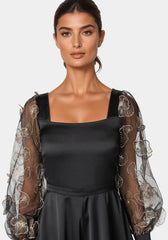 Floral Lurex Sleeve Satin Romper