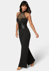 Lace Piecing Straight Flared Leg Jumpsuit