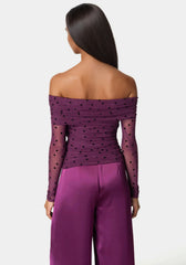 Off Shoulder Flocked Mesh Top