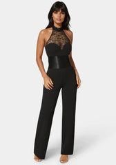 Lace Piecing Straight Flared Leg Jumpsuit