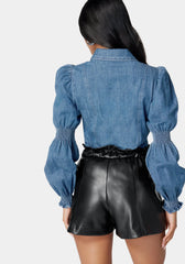 Long Sleeve Smocking Detail Denim Blouse