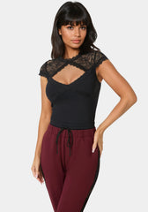 Lace Cap Sleeve Rib Knit Top