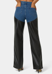 High Waist Vegan Leather Combo Wide Leg Jean