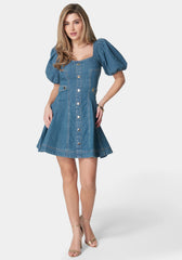 Sweetheart Balloon Puff Sleeve Denim Dress