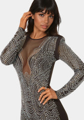 Long Sleeve Embellished Illusion Mesh Mini Dress