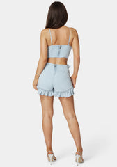 Ruffled V Neck Denim Romper