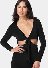 Long Sleeve Tie Front Slinky Dress