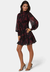 Long Sleeve Mock Neck Chifon Smocked Mini Dress