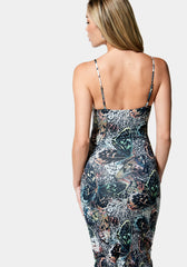 Printed Cutout Textured Slinky Knit Dress