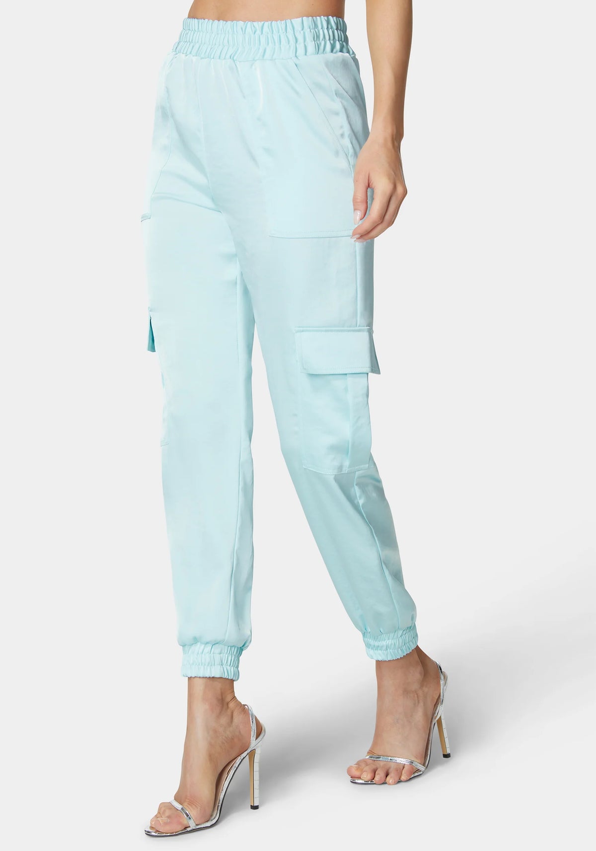 Laundered Satin Elastic Waist Cargo Jogger Pant