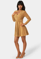 Fit and Flare Long Sleeve Suede Mini Dress