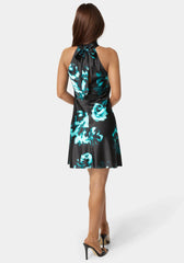 Printed Satin Mock Neck Dress with Bow Back