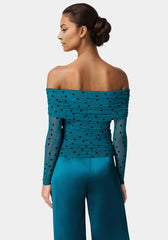 Off Shoulder Flocked Mesh Top